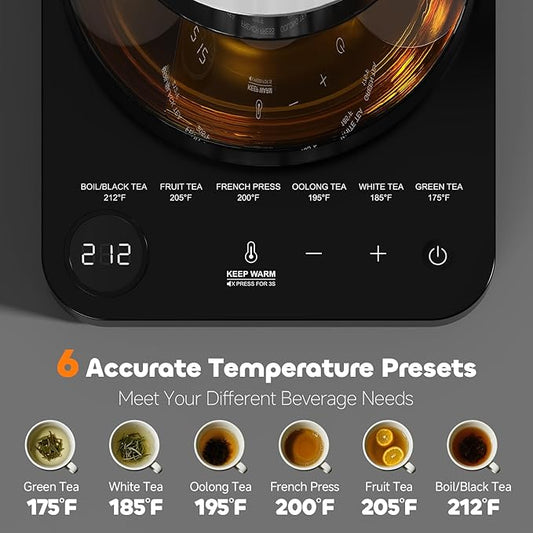 Electric Tea Kettle with Infuser 1.7L Glass Electric Kettle with Temperature Control Automatic Shut Off 12H Keep Warm for Tea Coffee Water Heater, Black