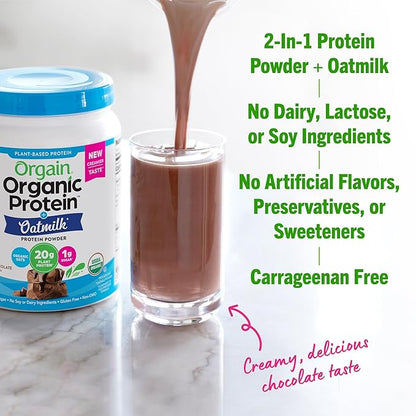 Orgain Organic Vegan Protein Powder + Oat Milk, Chocolate - 20g Plant Based Protein, Gluten Free, No Dairy, Soy or Lactose Ingredients, Low Sugar, Non-GMO, Kosher, For Shakes & Smoothies - 1.05lb