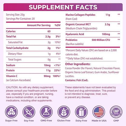 Collagen Protein Coffee Creamer Powder, Marine Collagen Peptides with Coconut Mct Oil for Hair Skin & Nails Support, Non Dairy, Sugar Free, Keto Friendly, Chocolate Flavor, 500g (20 Servings)