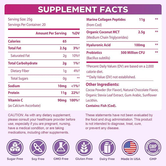 Collagen Protein Coffee Creamer Powder, Marine Collagen Peptides with Coconut Mct Oil for Hair Skin & Nails Support, Non Dairy, Sugar Free, Keto Friendly, Chocolate Flavor, 500g (20 Servings)