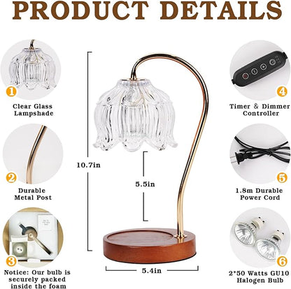 Candle Warmer Lamp with Timer Dimmer, Lotus Flower Dimmable Candle lamp Warmer, 2 Bulbs, Height Adjustable Wax Melt Warmer for Jar Scented Candles, Birthday Gifts Ideas for Women Mom, Home Decor
