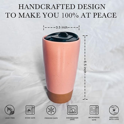 Mora Double Wall Ceramic Coffee Travel Mug with Lid, 14 oz, Portable, Microwave, Dishwasher Safe, Insulated Reusable Tall Cup, Splash Resistant Lid - To Go Tumbler for Car Cup Holder, Pink Salt