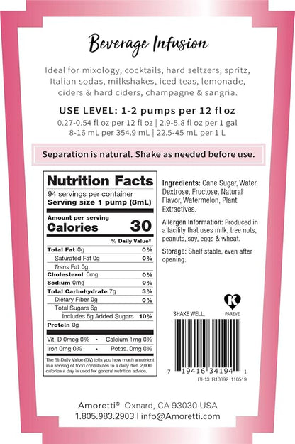 Amoretti - Watermelon Beverage Infusion, 94 Servings Per Bottle (750 ml) - Drink Mix & Water Enhancer with Pump for Flavoring Cocktails, Waters, Teas, and other Beverages, Preservative Free