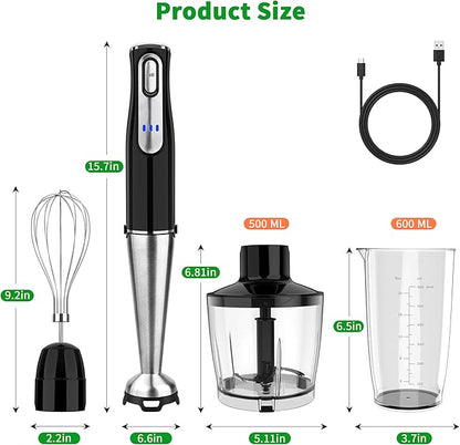 Cordless Immersion Blender Handheld, Rechargeable 4 In 1 Electric Hand Blender Stick Blender Variable Speed with Chopper, Beaker, Whisk, Stainless Steel Blade for Soup, Baby Food, Smoothies