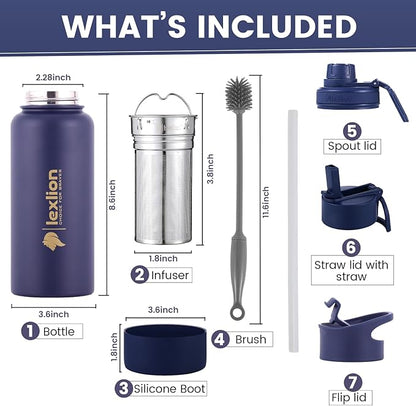Lexlion Tea Infuser Bottle - Fruit Infuser Water Bottle 32 Oz, Triple Walled Insulated Stainless Steel Bottle, Thermal Leaf Infuser, Silicone Sleeve, 3 Lids Leakproof, Metal Mug Gallon