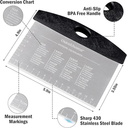 Ourokhome Dough Pastry Bench Cutter Scraper, Stainless Steel Pizza Cutter for Kitchen Baking, Dishwasher Safe, Anti-Wear Laser-Engraved Measuring Scale and Conversion Chart, 2 Pack, Black and Red