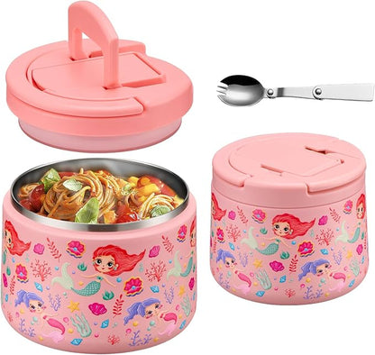 14oz Insulated Vacuum Food Jar with Buckle Lid,Soup Thermo for Hot Food Kids,Wide Mouth Leakproof Stainless Steel Lunch Container with Spoon-Mermaid