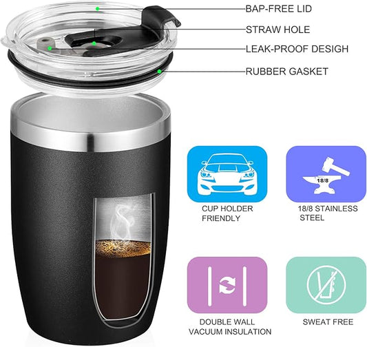 VEGOND Stainless Steel 12 oz Tumblers bulk Vacuum Insulated Double Wall Travel Tumbler with Lid and Straw Reusable Tumbler, Black 1 Pack