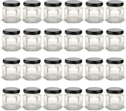 1.5 oz Hexagon Mini Glass Jars with BLACK Lids and Labels (Pack of 24)