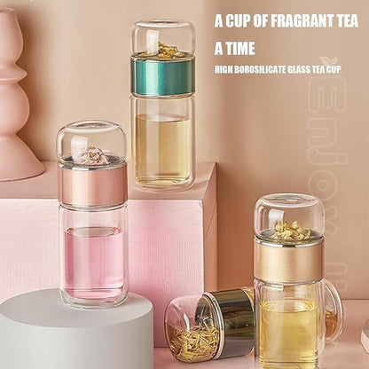 QUROXO 2025 New Tryteava Glass Infuser, Teava 3-In-1 Smart Tea Infuser with Cup Brush, Double-Layer Borosilicate Glass Tryteava Tea infusers Separation Cup (Gold, 350ml (12oz))