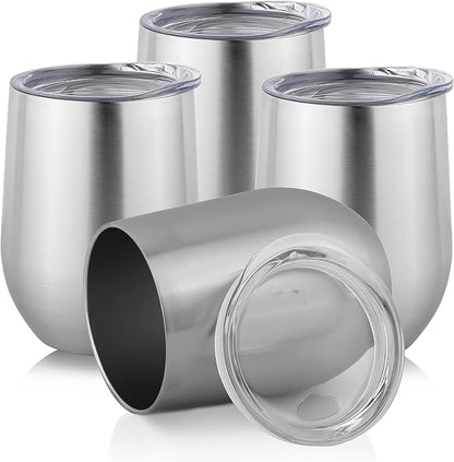 DOMICARE Stainless Steel Wine Tumbler Bulk with Lid, Personalized Insulated Tumblers Set, 12oz Travel Coffee Cups Pack of 4, Stainless steel