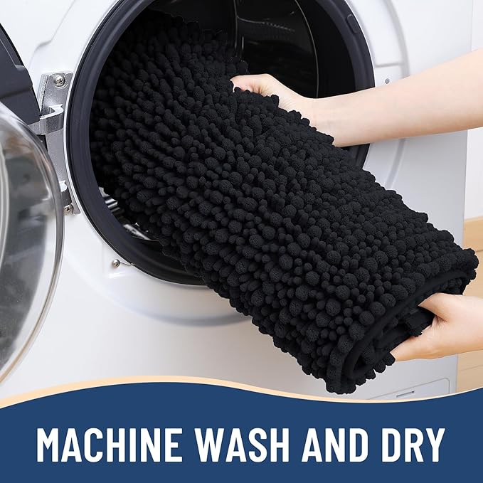 Arotive Luxury Chenille Bathroom Rug Mat, Extra Soft Thick Absorbent Shaggy Bath Rugs, Non-Slip Machine Wash Dry, Plush Bath Mats for Bathroom, Shower and Tub, 30x17, Black