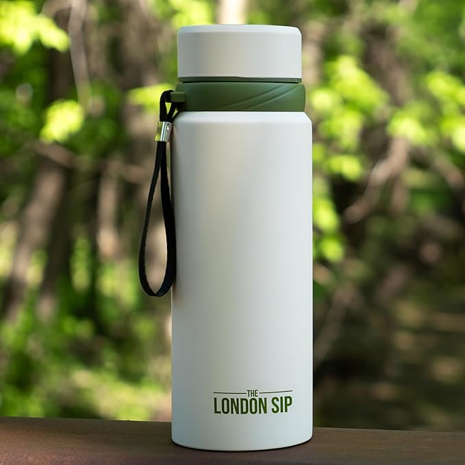 London Sip 25 oz Multi-Purpose Tea Infuser Mug – Fruit Infuser Water Bottle for Hot and Cold – Double Wall Stainless Steel Insulated, Safari Beige