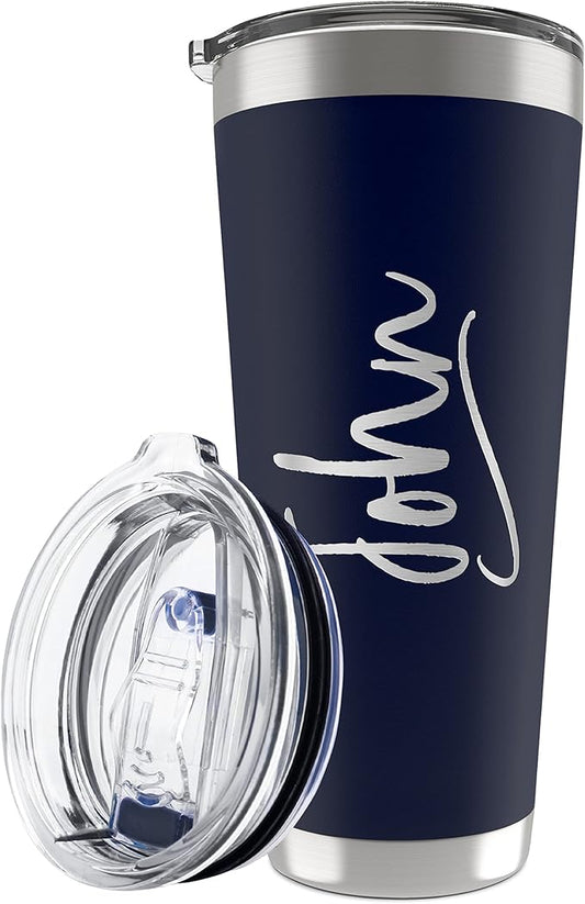 Personalized Tumbler with Engraved Name - 12 Designs, 30 Oz Coffee Tumbler with Slider Lid, Navy Blue, Double Wall Insulated - Custom Gifts for Men & Women