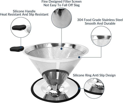 Pour Over Coffee Dripper-Stainless Steel Coffee Filter,Reusable Drip Cone Coffee Filter Portable Pour for 1-4 Cup (With Silicone Ring, S)