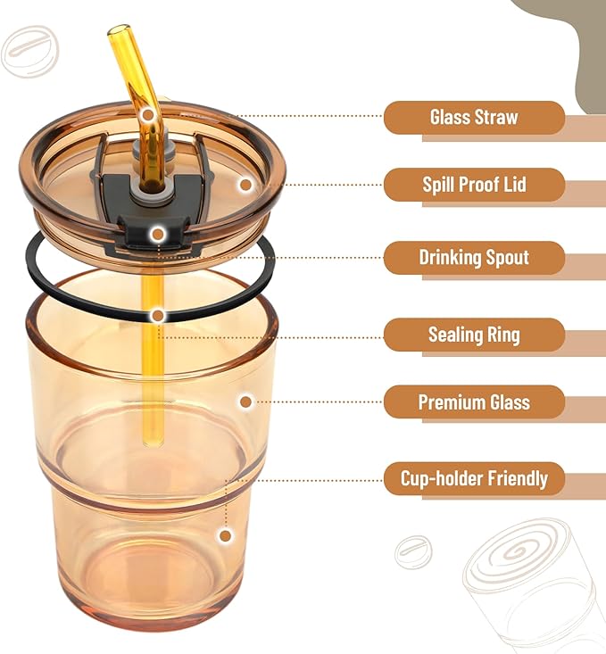 13 oz Glass Tumbler with Glass Straw and Lid, Leak-Proof Reusable Travel Cup for Iced Coffee, Tea, Matcha, Fruit Juice – Thick Wall Clear Water Bottle (Gray, 2 Pack)