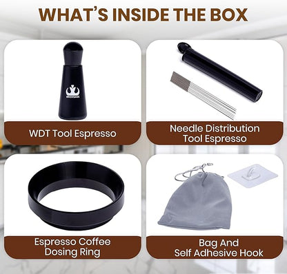 Espresso Accessories Kit – WDT Distribution Tool & 58mm Espresso Dosing Funnel for Baristas – 0.35mm Needle Stirrer with Extra Replaceable Needles, Handle & Storage Pouch