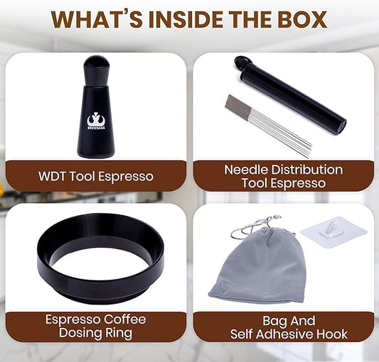 Espresso Accessories Kit – WDT Distribution Tool & 58mm Espresso Dosing Funnel for Baristas – 0.35mm Needle Stirrer with Extra Replaceable Needles, Handle & Storage Pouch