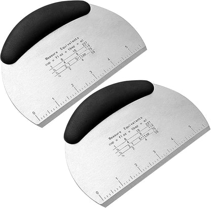 2PCS Dough Scraper Pastry Cutter Dough Cutter Stainless Steel Mirror Polished with Measuring Scale Multipurpose- Cake, Pizza Cutter Pastry Bread Separator Scale Knife (Blcak)