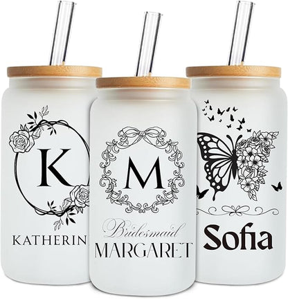 Mason Life Personalized Glass Cup with Name-Can Shaped Glass with Lids and Straws-18OZ Iced Coffee Cups (Initial)