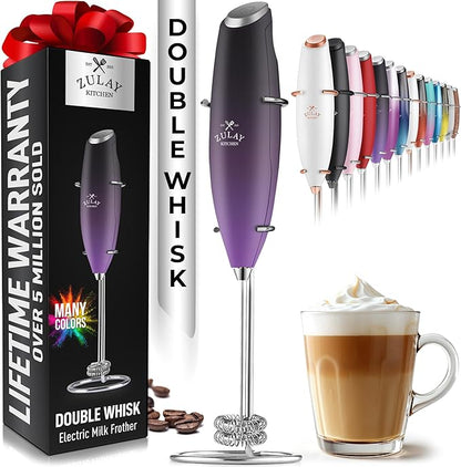 Zulay Kitchen Powerful Double Whisk Milk Frother Handheld - Foam Maker With Stand - Whisk Drink Mixer for Coffee, Mini Foamer for Latte, Matcha, Frappe, Hot Chocolate & Cappuccino (Galaxy)