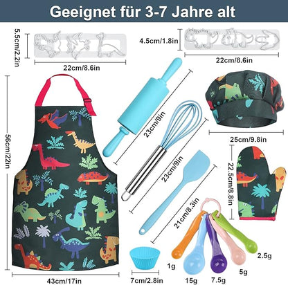 Anpro Complete Kids Cooking and Baking Set - 27 Pcs Includes Aprons for Girls, Chef Hat, Mitt & Utensil to Dress Up Chef Costume Career Role Play for 3-7 Years Boys