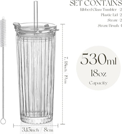 KEMORELA Ribbed Glass Tumbler with Straw and Lid – 18oz Durable Leak-Proof Drinking Cup for Hot and Cold Beverages – Stylish Design, Ideal for Iced Coffee, Smoothies, and More (2PCS-A)