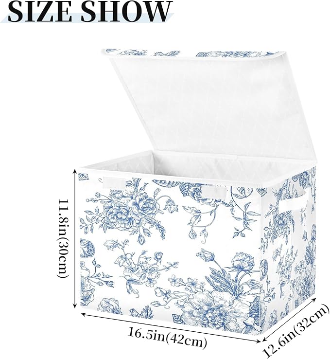 susiyo Blue Flowers Floral Storage Bin Large Collapsible Storage Box Stackable design Fabric Storage Bins with Lids Decorative Multi-Color Foldable Organizing Baskets For Closet