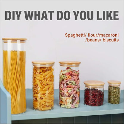 Glass Food Storage Containers Jars with Airtight Bamboo Lid 12 oz 9 pcs, 340 ml Pantry Organization Jar, Glass Terrarium with Lid, Spice, Flour and Sugar Container, Canister Set for Kitchen Counter