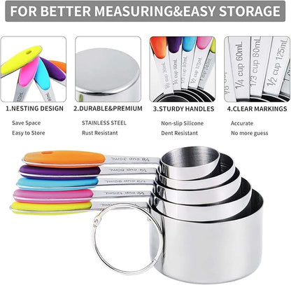 TILUCK measuring cups and magnetic measuring spoons set, stainless steel measuring cups, 6 double-sided stainless steel measuring spoons & 1 leveler (5+7)