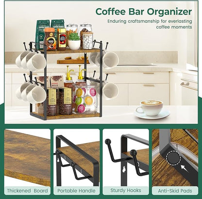 EsLuker.ly 2 Tier Coffee Mug Holder Station Bar Organize Countertop, Mug Cup Tree Rack for Kitchen Office, Storage Shelf with 12 Hooks, Creat Stylish Coffee Corner, Vintage Brown-Black