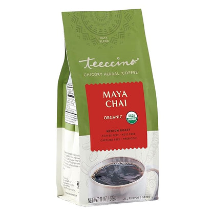 Teeccino Maya Chai Chicory Coffee Alternative - Ground Herbal Coffee That’s Prebiotic, Caffeine-Free & Acid Free, Medium Roast, 11 Ounce