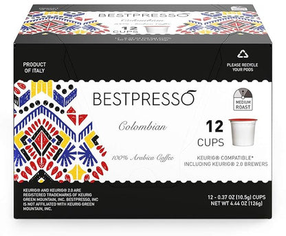 Bestpresso Coffee, Colombian Medium Roast Single Serve K-Cup Pods, 96 Count (Compatible With 2.0 Keurig Brewers) 8 Packs Of 12 Cups
