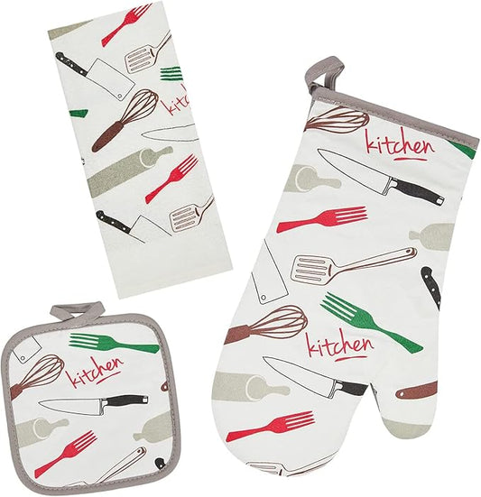 Oven Mitts and Potholders Dish Towles Set 100% Cotton for Perfect for Gifting, Baking, and Everyday Cooking Durable Heat Resistant for Kitchen and Machine Washable (3-Piece Fork and Knife)