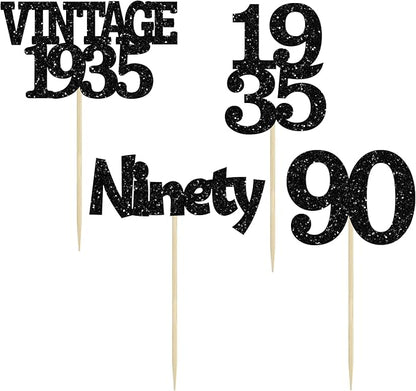 Gyufise 24Pcs Vintage 1935 Cupcake Toppers Glitter Cheers to 90 Fabulous Ninety Cupcake Picks 90th Birthday Wedding Anniversary Party Cake Decorations Supplies Black
