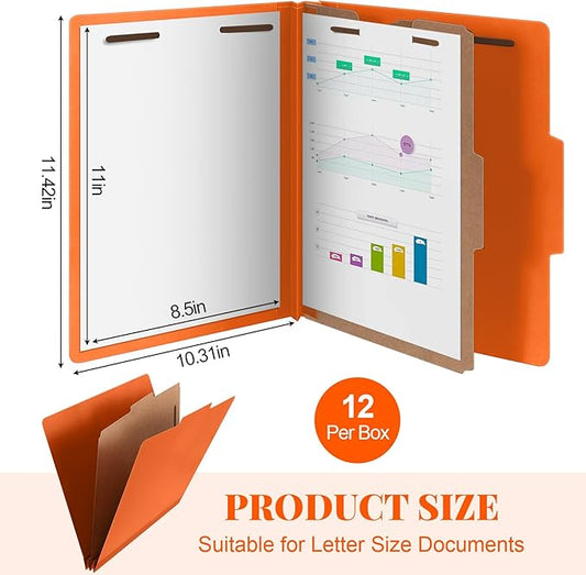 12 Pcs Classification Folders Letter Size, Back to School Supply for Teacher, Student, 1 Divider Pressboard File Folder Bulk with 2 Fasteners, 3.5 Inch Expanding File Organizer (Orange)