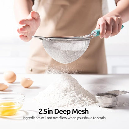 18/8 Stainless Steel Mesh Strainer: U-Taste 5.5 Inch Kitchen Fine Mesh Sieve Food Colander with Riveted Sturdy Silicone Handle and 30 Mesh Hole for Straining Flour, Pasta, Fruit, Quinoa(Aqua Sky)