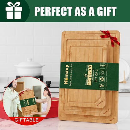 Homaxy Organic Bamboo Cutting Boards Set for Kitchen Set of 3, Wooden Cutting Board Set with Juice Groove and Handles, Charcuterie Serving Tray Wood Chopping Board Set for Meat Fruits & Vegetables
