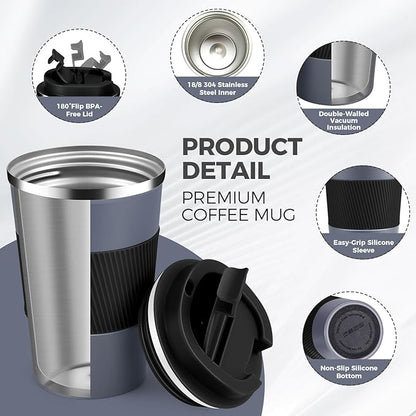 Volhoply 13 oz Stainless Steel Insulated Travel Coffee Mug with Fip Lid Bulk 4 Pack,Reusable Double Wall Vacuum Metal Coffee Cup,Portable Leak Proof Thermal Tumbler for Hot & Cold Drinks(Gray,4)