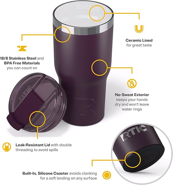 RTIC 20oz Essential Tumbler with Lid, Insulated, Stainless Steel, Metal, Double Wall Vacuum-Insulation, Ceramic Lined, Travel Cup for Iced Coffee, Tea, Hot and Cold Drink, Plum