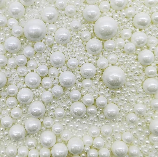 Edible White Sugar Pearls Sprinkles Candy Mix Size Pearls Cake Decorations Cupcake Toppers Cookie Decorating Perfect for Wedding Party Valentine Halloween Christmas Supplies 4.58OZ