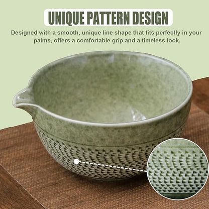 Ceramic Japanese Style Matcha Bowl Whisk Holder Temperature Resistant Braid Textured Matcha Tea Bowl Set With Spout for Trip (Green)