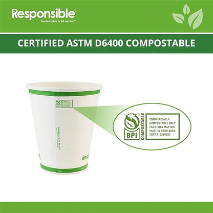 10 oz Paper Hot Cups, Tree-Less™ Compostable Paper Coffee Cups, Extra Strength, Tree-Free and Made Without PFAS, White (1000 Count)