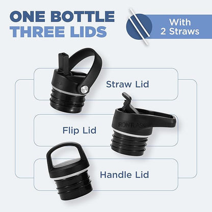 IRON °FLASK Camping & Hiking Hydration Canteens - 3 Lids (Narrow Straw Lid) Leak Proof Vacuum Insulated Stainless Steel - Hot & Cold Double Walled Sports Water Bottle - Sage, 24 Oz