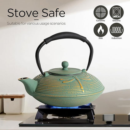 Cast Iron Teapot Set with 2 Tea Cups, 7 Pcs Japanese Tea Kettle with Stainless Steel Infuser, Tea Pot Coated with Enameled Interior, Dragonfly Pattern, 28oz 800ml Green