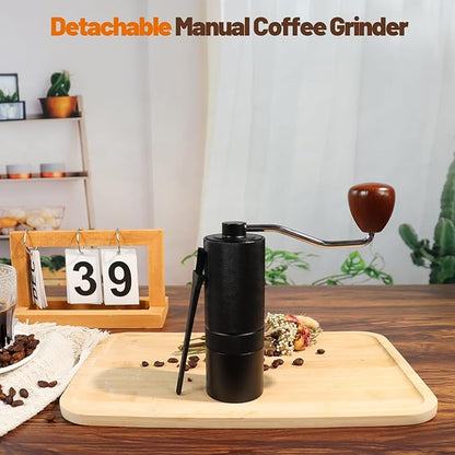 Manual Coffee Grinder Detachable Stainless Steel Conical Burr Aluminum Coffee Bean Grinder with 25 Grinding Settings Cleaning Brush Grindable Espresso Moka Pot French Press for Camping Black