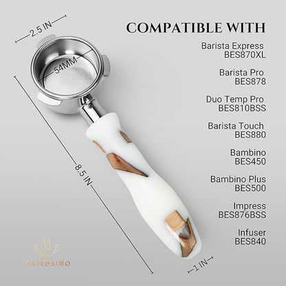 54mm Bottomless Portafilter Modern Handle – Includes Stainless Steel Naked Basket – Fits Breville Barista Express & 54mm Breville Espresso Machines - Espresso Machine Accessories – White