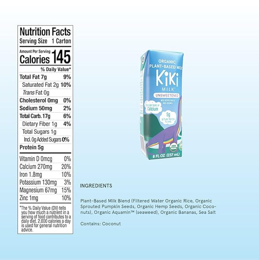 Kiki Milk Plant Based Milk - Organic Unsweetened Kiki Milk - Calcium & Magnesium Source - Gluten Free, Gum Free, GMO Free, Dairy Free, Soy Free, Glyphosate Free - Shelf Stable - (8 oz • Pack of 12)