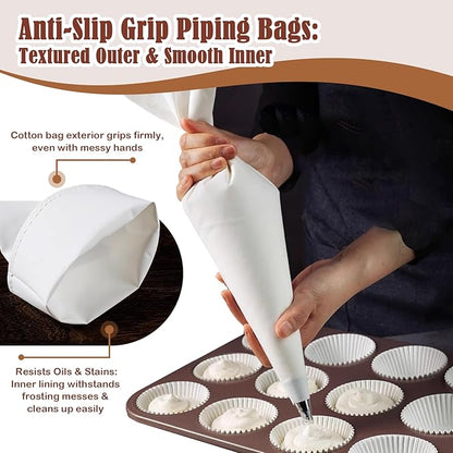 9-Piece Reusable Piping Bags and Tips Set- Cotton Baking Kit with Coupler, Stainless Steel Nozzles & Cleaner for Cakes/Cupcakes/Cookies Decorating