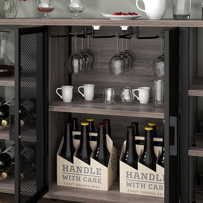 Bar Cabinet, 55 Inches Industry Coffee Bar Cabinet with Wine Rack and Glass Holder, Kitchen Sideboard Buffet Cabinet with Wine Rack Storage for Liquor and Glasses (Rustic Grey)